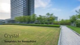  Presentation with green building - Amazing slide set having beautiful-green-field-near-modern backdrop and a gold colored foreground