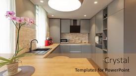  Presentation with stainless steel - PPT theme featuring beautiful-grey-modern-kitchen background and a coral colored foreground