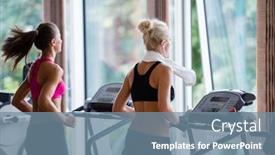  Presentation with treadmill - PPT layouts with beautiful group of young women friends exercising on a treadmill at the bright modern gym background and a seafoam green colored foreground