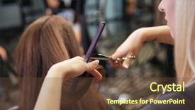  Presentation with hairdressing salon - PPT theme consisting of beautiful hairdresser doing hairstyle to her client standing at a professional hairdressing salon background and a tawny brown colored foreground