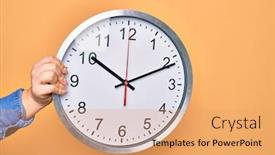  Presentation with clock - Beautiful slide deck featuring beautiful-hand-of-woman-holding backdrop and a yellow colored foreground