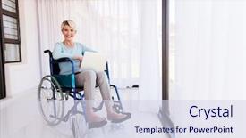  Presentation with computer - PPT theme enhanced with beautiful handicapped senior woman using background and a sky blue colored foreground