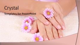  Presentation with pink beauty - Slide deck featuring beautiful hands with pink flower - beauty treatment background and a coral colored foreground
