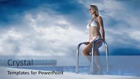  Presentation with happiness - Slide set enhanced with beautiful happiness girl in white bikini stay near the waterpool background and a light blue colored foreground