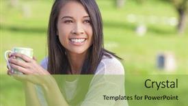  Presentation with tea coffee - Slides with beautiful happy asian eurasian young woman or girl outside drinking mug of tea or coffee background and a yellow colored foreground