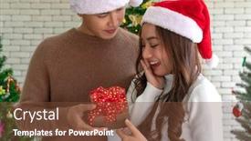  Presentation with christmas girl - Cool new presentation design with beautiful happy asian girl receiving christmas present gift box from her boyfriend for christmas holiday season greeting backdrop and a tawny brown colored foreground