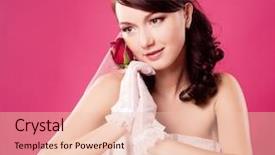  Presentation with pink rose - PPT layouts consisting of beautiful happy bride sitting by the table and holding a rose isolated against pink studio background background and a lemonade colored foreground