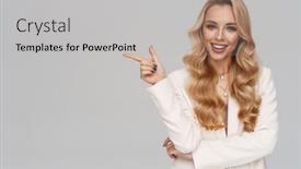  Presentation with finger - PPT theme with beautiful-happy-girl-in-jacket background and a light gray colored foreground