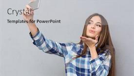  Presentation with kiss - Beautiful PPT theme featuring beautiful happy girl with long hair in checkered shirt making selfie using cellphone sending an air kiss backdrop and a light gray colored foreground