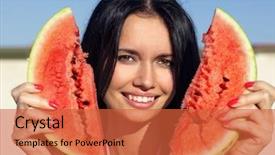  Presentation with melon - Audience pleasing slide deck consisting of beautiful happy girl with slice of ripe water-melon backdrop and a red colored foreground