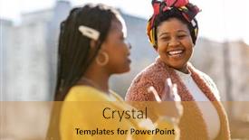  Presentation with city - Slide set with beautiful-happy-girlfriends-talking background and a gold colored foreground