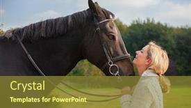  Presentation with aged - Slide deck featuring beautiful happy middle aged woman laughing smiling and holding her horse close in sunshine background and a tawny brown colored foreground