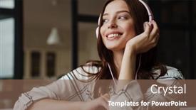  Presentation with listening woman - Cool new presentation theme with beautiful-happy-nice-woman-listening backdrop and a violet colored foreground