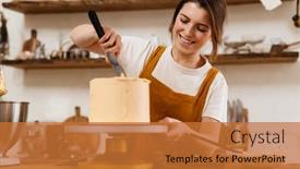  Presentation with pastry chef - Presentation design enhanced with beautiful-happy-pastry-chef-woman background and a red colored foreground