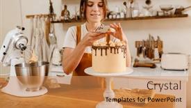 Presentation with pastry chef - PPT layouts having beautiful-happy-pastry-chef-woman background and a gold colored foreground