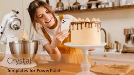  Presentation with pastry chef - PPT theme featuring beautiful-happy-pastry-chef-woman background and a gold colored foreground