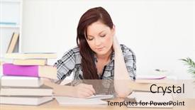  Presentation with examination - Amazing slide set having beautiful happy red-haired girl studying for an examination at her desk backdrop and a lemonade colored foreground