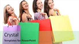  Presentation with teen girls - Presentation theme with beautiful happy teen girls with colored shopping sale bags over white background and a seafoam green colored foreground