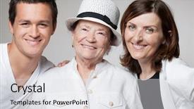  Presentation with generations - PPT theme consisting of beautiful happy three generations family posing on gray background background and a white colored foreground