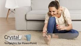  Presentation with pause - Colorful PPT theme enhanced with beautiful happy woman at home making a pause to painting her nails backdrop and a mint green colored foreground