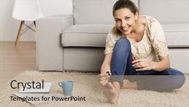  Presentation with pause - PPT layouts with beautiful happy woman at home making a pause to painting her nails background and a mint green colored foreground