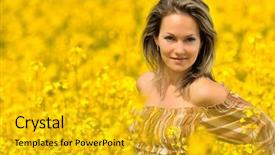  Presentation with rapeseed - Audience pleasing PPT theme consisting of beautiful happy woman on rapeseed field in bloom backdrop and a gold colored foreground