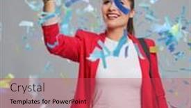  Presentation with confetti - PPT layouts having beautiful-happy-woman-with-camera background and a red colored foreground