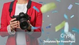  Presentation with confetti - Amazing presentation theme having beautiful-happy-woman-with-camera backdrop and a gray colored foreground
