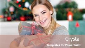  Presentation with happy holidays - Beautiful PPT theme featuring beautiful happy woman with gift backdrop and a  colored foreground