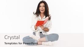  Presentation with diary - Slide deck having beautiful-happy-young-brunette-woman background and a sky blue colored foreground