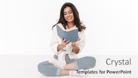  Presentation with clothing - Slide set with beautiful-happy-young-brunette-woman background and a white colored foreground