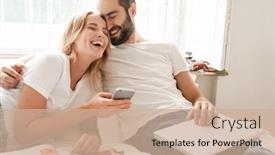  Presentation with human computer interaction mobile app - PPT layouts featuring beautiful-happy-young-couple-relaxing background and a coral colored foreground