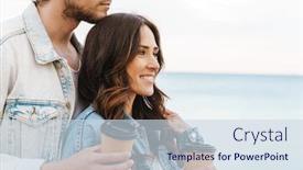  Presentation with takeaway coffee - Slide deck featuring beautiful-happy-young-couple background and a sky blue colored foreground