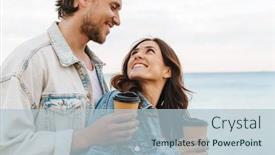  Presentation with takeaway coffee - Colorful PPT theme enhanced with beautiful-happy-young-couple backdrop and a light blue colored foreground
