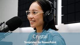  Presentation with radio - Presentation design consisting of beautiful-happy-young-female-radio background and a teal colored foreground