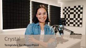  Presentation with broadcasting - Slide set with beautiful-happy-young-female-radio background and a coral colored foreground