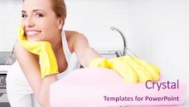  Presentation with kitchen furniture - Cool new PPT layouts with beautiful happy young housewife cleaning backdrop and a pink colored foreground