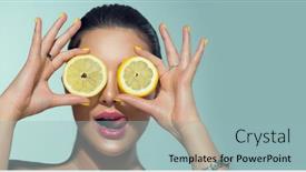  Presentation with healthy diet organic food - PPT theme consisting of beautiful-healthy-girl-with-slices background and a light blue colored foreground