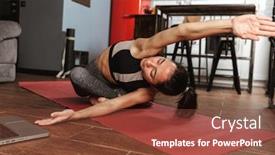  Presentation with healthy - Theme having beautiful healthy woman doing yoga exercises while sitting on a fitness mat at home using laptop computer stretching background and a tawny brown colored foreground