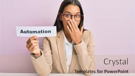  Presentation with automation - PPT theme consisting of beautiful-hispanic-business-woman-holding background and a coral colored foreground