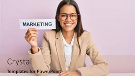  Presentation with marketing - Slide set consisting of beautiful-hispanic-business-woman-holding background and a coral colored foreground