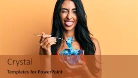 Presentation with weight loss - PPT theme having beautiful-hispanic-woman-eating-measure background and a red colored foreground
