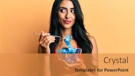  Presentation with beautiful hispanic woman - PPT theme with beautiful-hispanic-woman-eating-measure background and a gold colored foreground