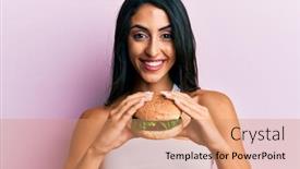  Presentation with burger - Audience pleasing slides consisting of beautiful-hispanic-woman-eating backdrop and a coral colored foreground