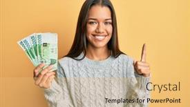  Presentation with beautiful hispanic woman - PPT theme having beautiful-hispanic-woman-holding-10000 background and a yellow colored foreground