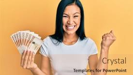  Presentation with beautiful hispanic woman - Amazing presentation having beautiful-hispanic-woman-holding-5000 backdrop and a coral colored foreground