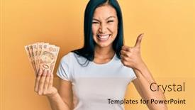  Presentation with doing the right thing - Cool new slide set with beautiful-hispanic-woman-holding-50 backdrop and a yellow colored foreground