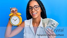 Presentation with beautiful hispanic woman - Audience pleasing presentation design consisting of beautiful-hispanic-woman-holding-alarm backdrop and a light blue colored foreground