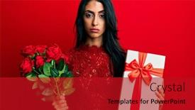  Presentation with anniversary - Presentation theme enhanced with beautiful-hispanic-woman-holding-anniversary background and a crimson colored foreground