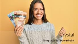  Presentation with canadian - Audience pleasing PPT layouts consisting of beautiful-hispanic-woman-holding-canadian backdrop and a yellow colored foreground